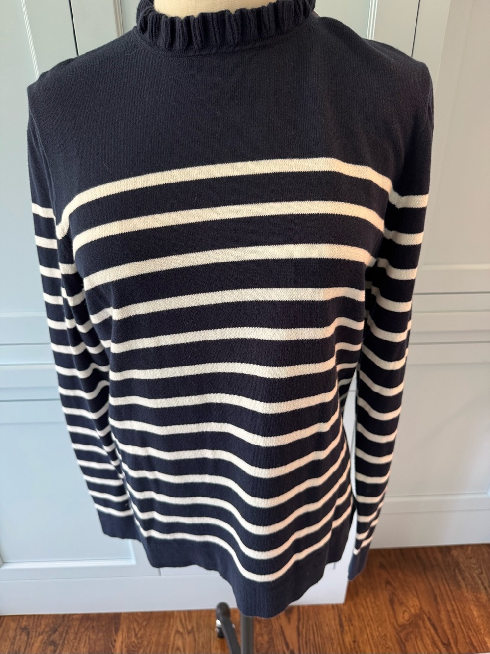 NWT J Crew Navy and White Striped Ruffle Neck Sweater